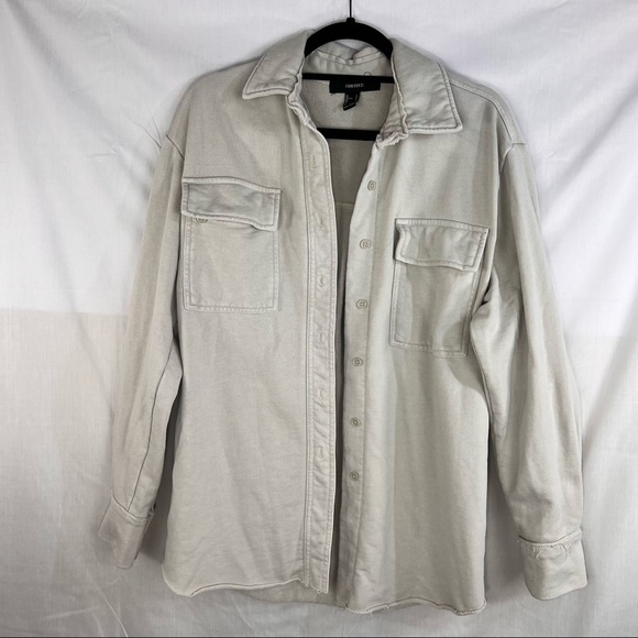 Forever 21 Women’s French Terry Oversized Shacket Button Up Beige Sz S Minimal - Picture 2 of 10
